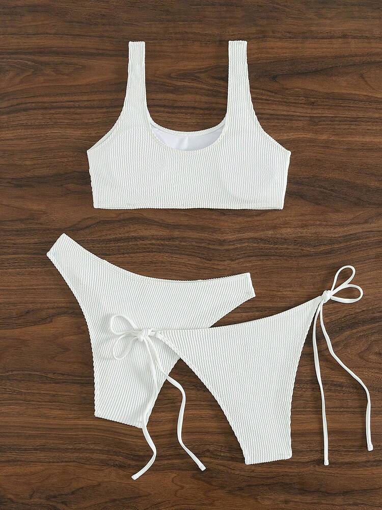 Women's Plain Bikini Sets Set, 3pcs Stainless Wireless Bikini Set With Knotted Side Wedding Summer Beach
