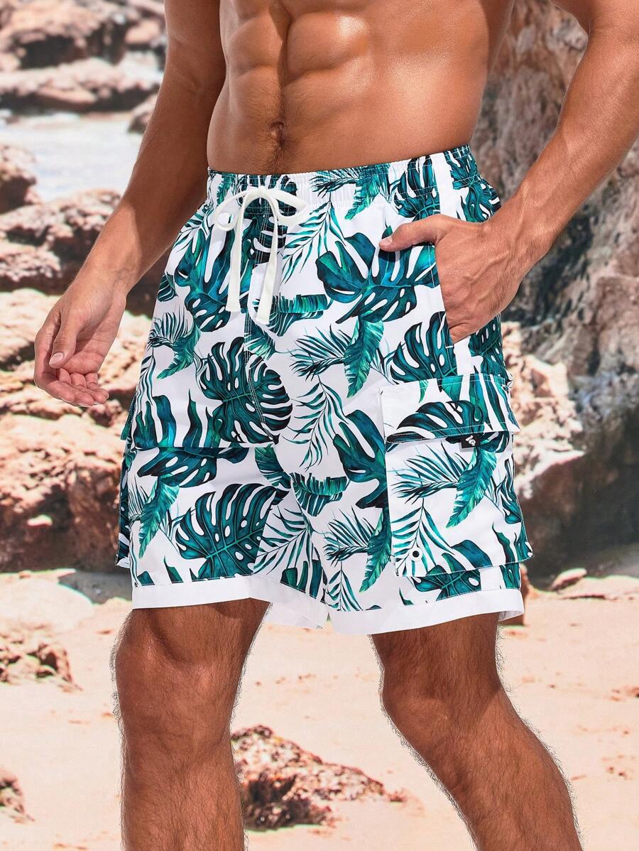 Surfspeed Men’S Tropical Print Drawstring Waist Beach Shorts - Green - View 1