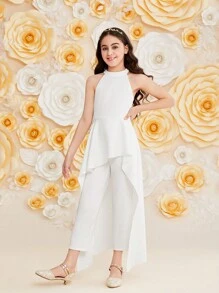 SHEIN Mono Halter Para Niñas Con Detalle De Dobladillo Con Volantes, De Color Sólido - Blanco - Ver 5