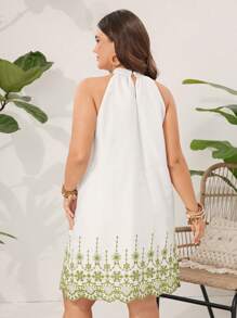 SHEIN VCAY Plus Size Embroidered White Beach/Festival Sundress With Halter Neck For Summer Vacation - White - View 2