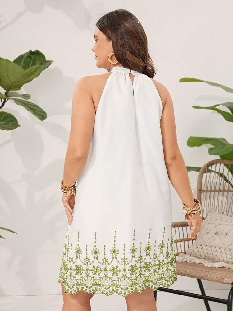 Plus Size Embroidered White Beach/Festival Sundress With Halter Neck For Summer Vacation