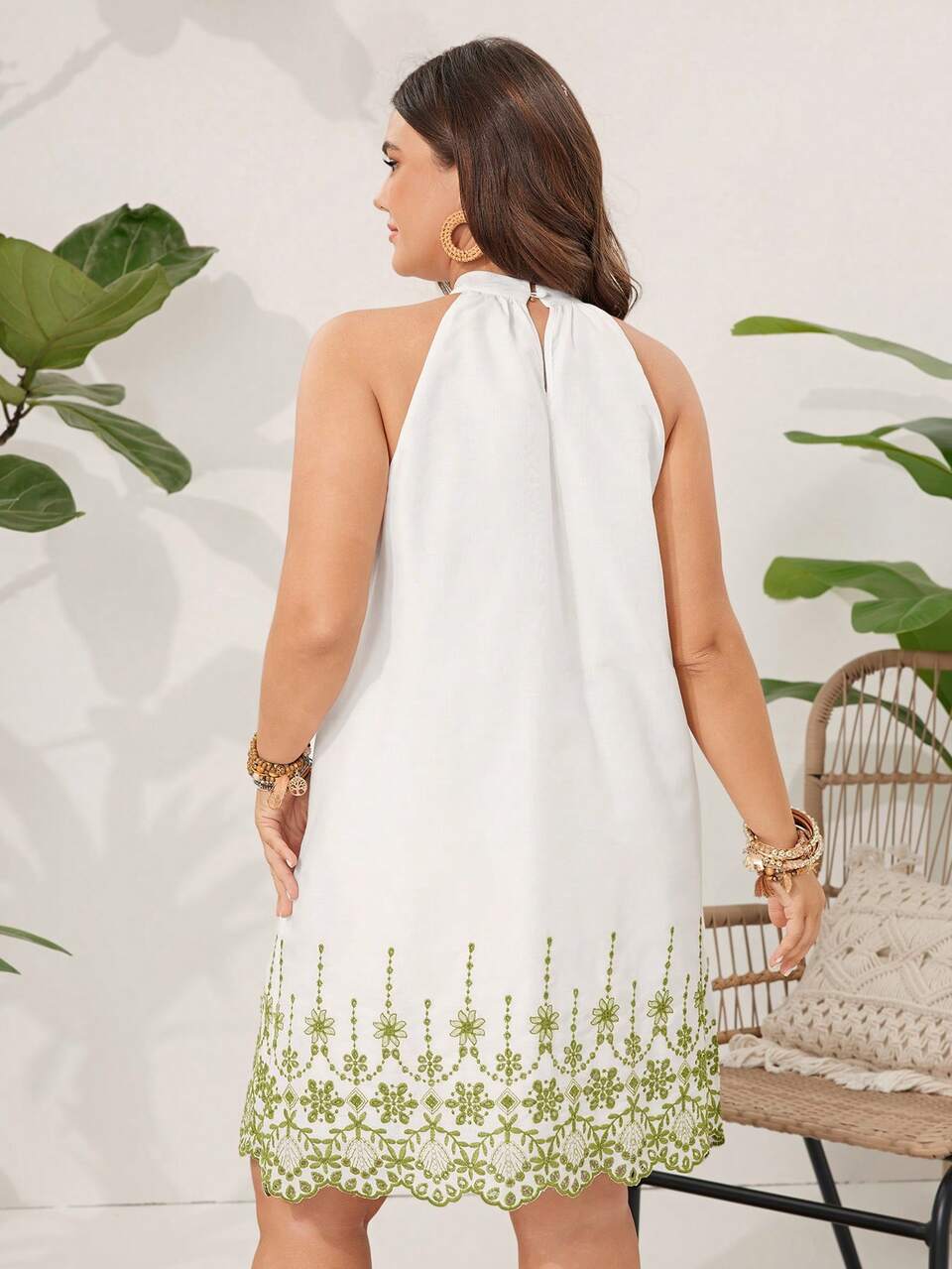 Plus Size Embroidered White Beach/Festival Sundress With Halter Neck For Summer Vacation