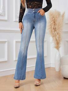 SHEIN Privé 水洗喇叭牛仔褲 - 淺色水洗藍 - 查看 4