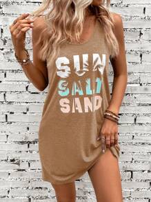 SHEIN LUNE 女士無袖棕櫚樹印花字母圖案坦克連衣裙 - 棕色 - 查看 1