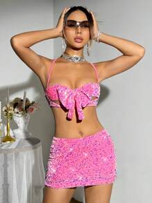 SHEIN ICON Bowknot Decorated Padded Hollow Out Pink Cami Top And Ultra-Low Waist Pink Mini Skirt Two Piece Set - Pink - View 7