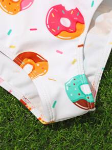 SHEIN Conjunto de bikini con volantes con estampado aleatorio de donas para niña pequeña, para verano y playa - Blanco - Ver 3