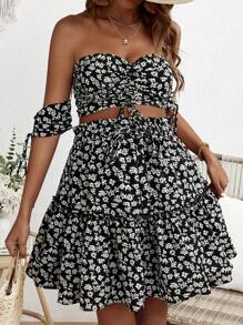 SHEIN Maternity Drawstring Crop Top And Skirt Set With Ditsy Floral - Black - View 5