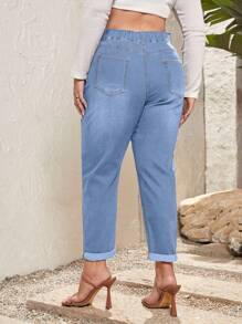 SHEIN Frenchy 加大尺碼彈性腰水洗牛仔褲 - 淺色水洗藍 - 查看 2