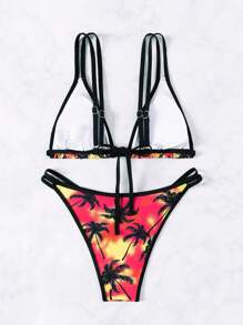 SHEIN Swim Summer Beach Women's Tropical Print Hollow Out Bikini Swimwear Set - Multicolor - View 2