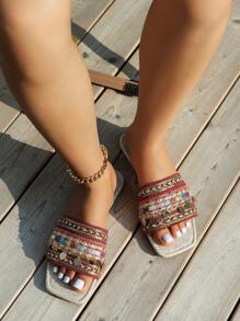 WRCVS Women Summer Flat Sandals With Chain Embroidery Sandals, Beige Flat Slippers Bohemian Retro Beaded Slippers Beach Shoes, Random Weaving Pattern
