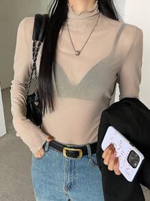 DAZY 1 chiếc áo thun tay dài cổ cao phối lưới mỏng dành cho nữ, quần áo mùa thu cho nữ - Màu Khaki - Xem 2