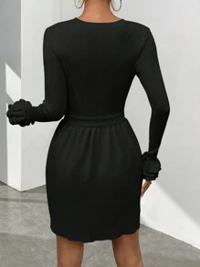 SHEIN Privé Women's Round Neck Long Sleeve Solid Color Sweater Dress