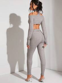 Hauture Cái cổ Chi tiết Zip Top Cây trồng & Quần Bộ - Màu Xám nhạt - Xem 2