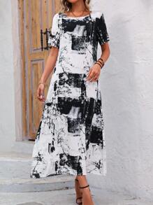 SHEIN LUNE 女士印花短袖連衣裙 - 黑與白 - 查看 5