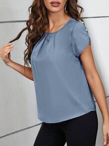 SHEIN Clasi Women's Pleated Collar Short Sleeve Shirt - Dusty Blue - View 3