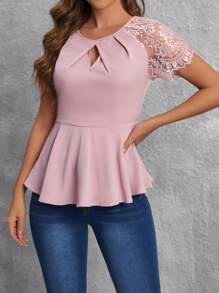 SHEIN Clasi Women's Keyhole Neckline Lace Raglan Short Sleeve Blouse With Ruffle Hem