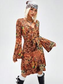 SHEIN ICON Vestido Impreso De Campana Con Manga Completa Y Atado Frontal Para Mujer - Multicolor - Ver 4
