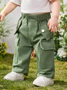 Baby Girl Casual Straight Leg Workwear Style Denim Pants - Army Green - View 3