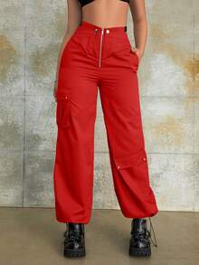Street High Waist Zip Fly Flap Pocket Side Cargo Parachute Pants