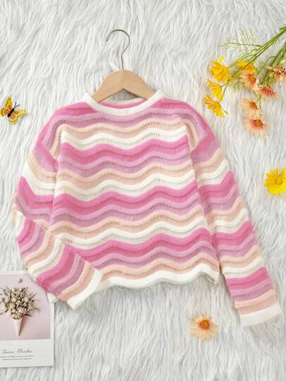 SHEIN Genkimix Kids Young Girl Gradient Color Wave Pattern Cute Sweater