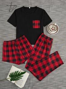 SHEIN Plus Size Patchwork Pocket Top, Plaid Shorts & Pants, Pajama 3pcs Set, Outfits,Christmas - Black - View 1