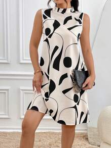 Chiquease Slumpmässig Tryckt Stativkrage Klänning utan Ärmar - Multifärgad - Visa 1