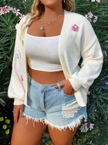 Flirla 大尺碼女士鈎針花式甜美寬鬆針織開衫