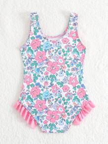 Baby Girl Random Printed Swimsuit With Bowknot Decoration And Ruffled Hem, One-Piece