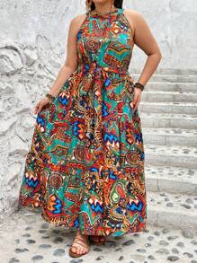SHEIN CURVE+ 大码女式夏季全印花吊带连衣裙 - 彩色 - 查看 7