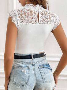 SHEIN Frenchy White Solid Color Lace Spliced Bodysuit, Wedding Season, Summer Top, White Essential, Summer Outfit, Wedding Season Essential, Cottagecore Winter Elegant