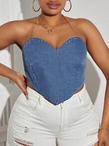 SHEIN SXY Plus Size Women's Denim Halter Neck Sexy Top - Medium Wash - View 1