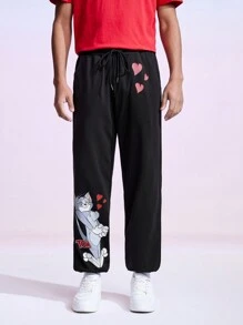 TOM & JERRY X SHEIN Men's Cartoon Patterned Elastic Cuff Pants - Black - View 1
