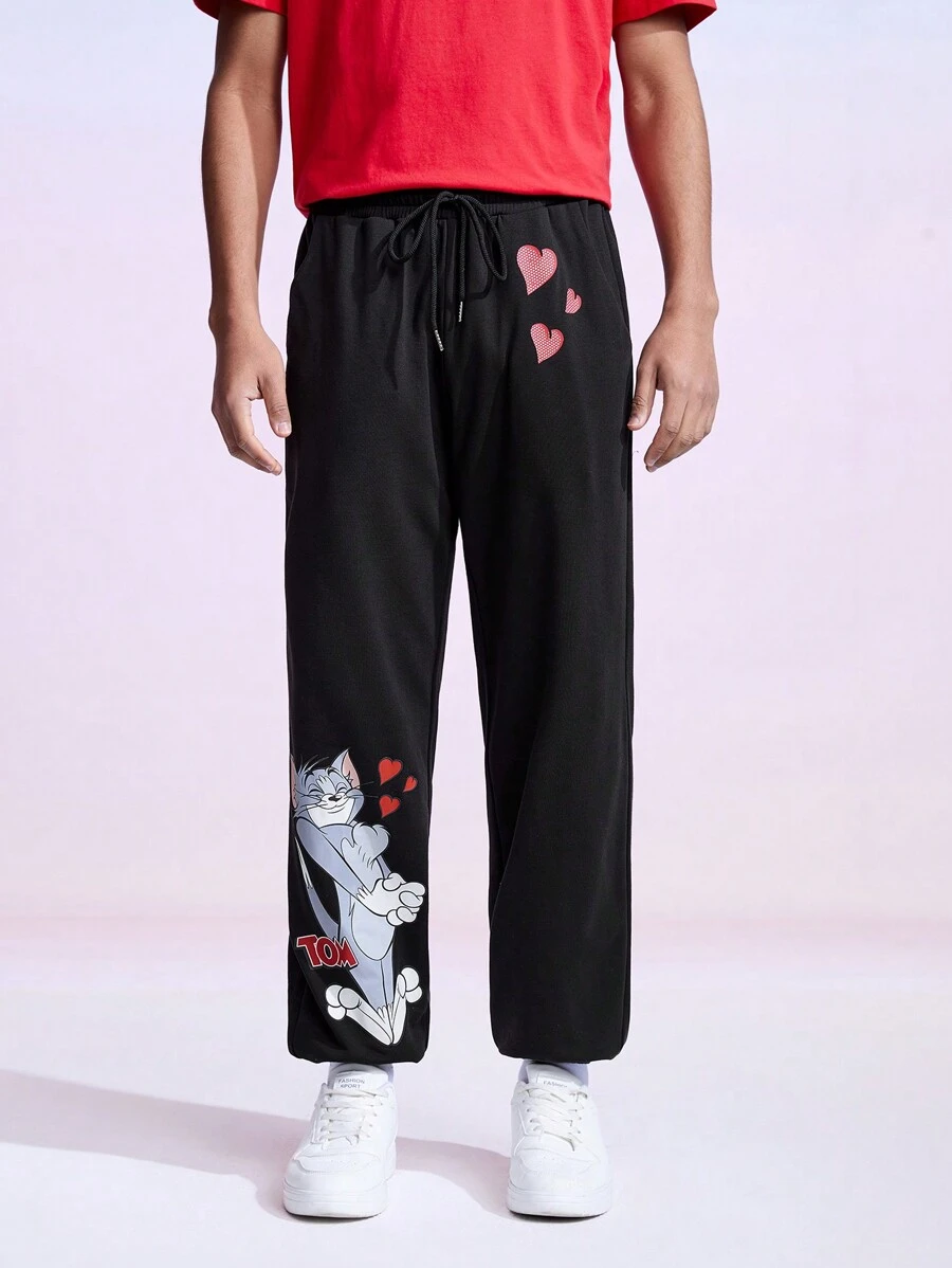 TOM & JERRY X SHEIN Men's Cartoon Patterned Elastic Cuff Pants - Black - View 1