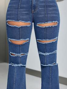 SHEIN SXY צבע אחיד ג'ינסים קרועים - כחול - ראה 6