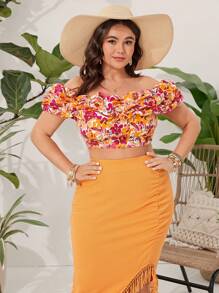 SHEIN VCAY 大尺碼女款花卉印花露肩度假上衣 - 粉色 - 查看 4