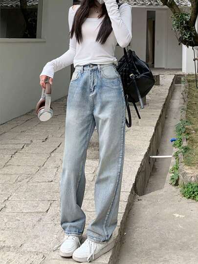 Women's High-Waist Straight Leg Denim Flared Long Pants