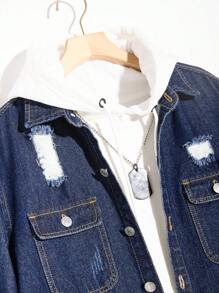 Manfinity Homme Men's Denim Shirt With Multiple Distressed Holes And Flap Pockets - Blue - View 8