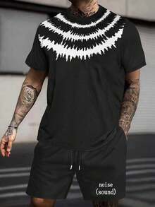 Manfinity Roughcore Men's Color-Block Round Neck T-Shirt And Letter Printed Shorts Set - Black - View 1