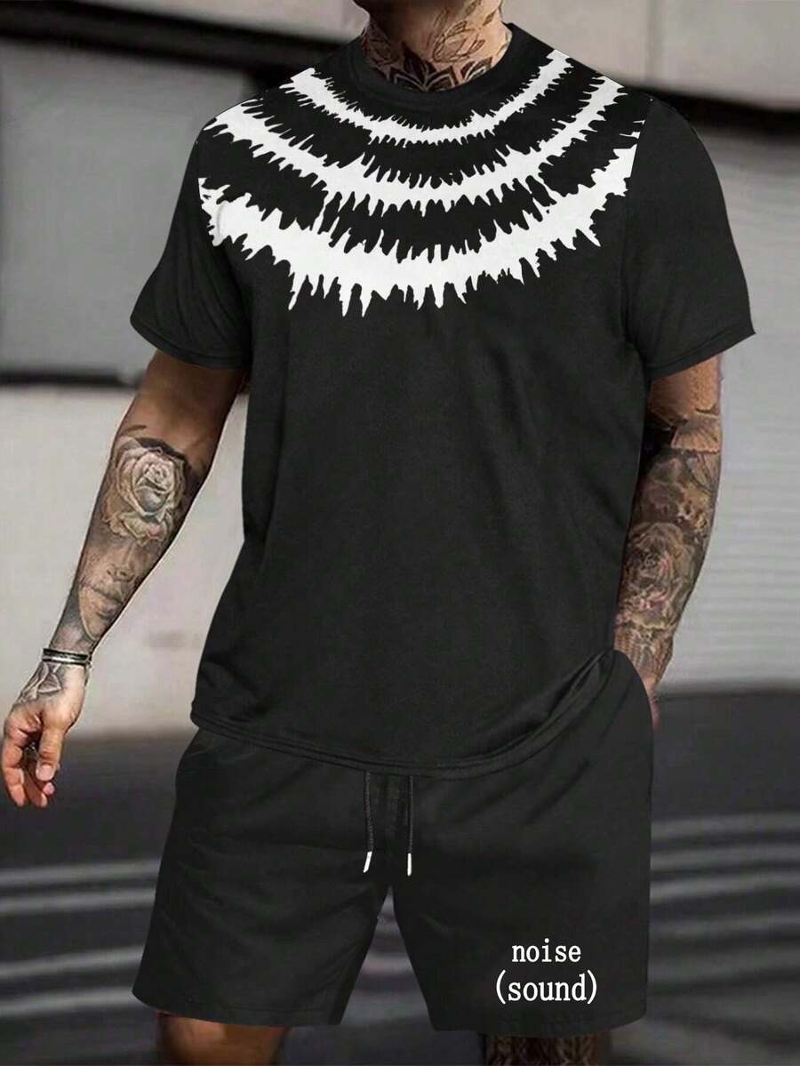 Manfinity Roughcore Men's Color-Block Round Neck T-Shirt And Letter Printed Shorts Set - Black - View 1