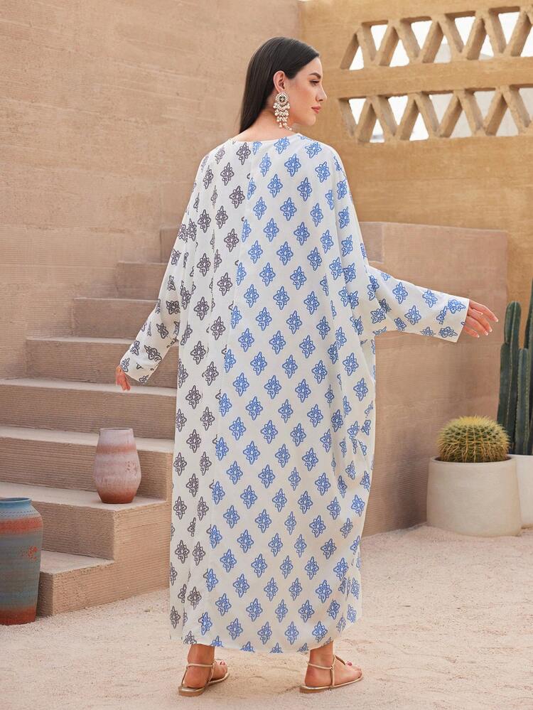 Women's Full-Printed Fringe Decor Color-Block Batwing Sleeve Kaftan
