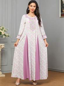 Long Floral Patchwork Embroidered Abaya Dress For Women - Pink - View 1