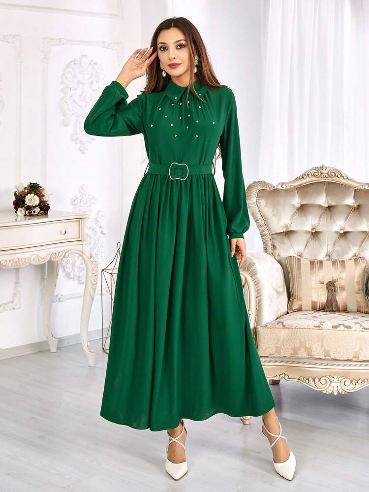 EURMUSE Long Sleeve Green Special Dress With Beaded Detail | SHEIN USA