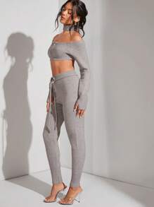 Hauture Cái cổ Chi tiết Zip Top Cây trồng & Quần Bộ - Màu Xám nhạt - Xem 3