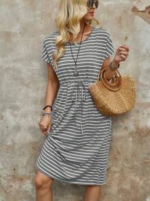Women's Striped Drawstring Waist Slant Pocket Casual Dress For Summer - Light Grey - View 4