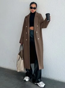 SHEIN Women's Double Breasted Long Woolen Coat - Brown - View 4