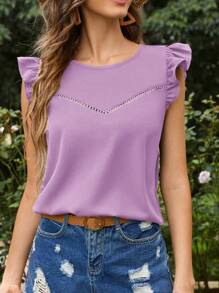 SHEIN Clasi 女式荷叶边盖袖纯色衬衫 - 淡紫色 - 查看 2