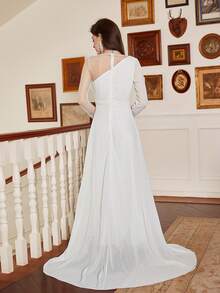 Contrast Mesh Split Thigh Wedding Dress - White - View 8