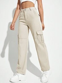 SHEIN EZwear 純色工裝牛仔褲 - 米色 - 查看 5