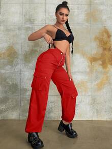 Street High Waist Zip Fly Flap Pocket Side Cargo Parachute Pants