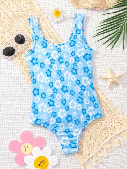 SHEIN Tween Girls' Casual Knit Vest Style One-Piece Swimsuit